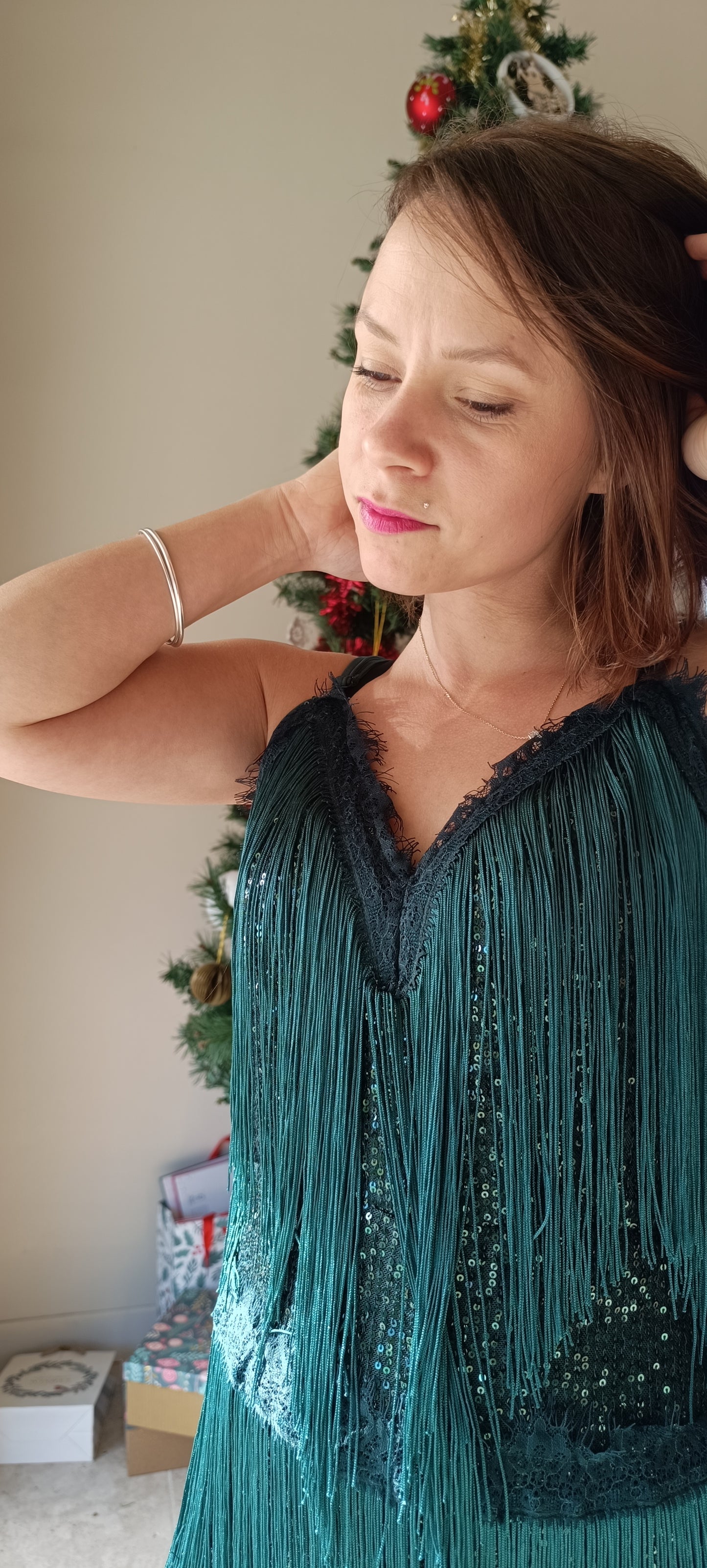 Robe a sequin vert sapin Fêtes 2024