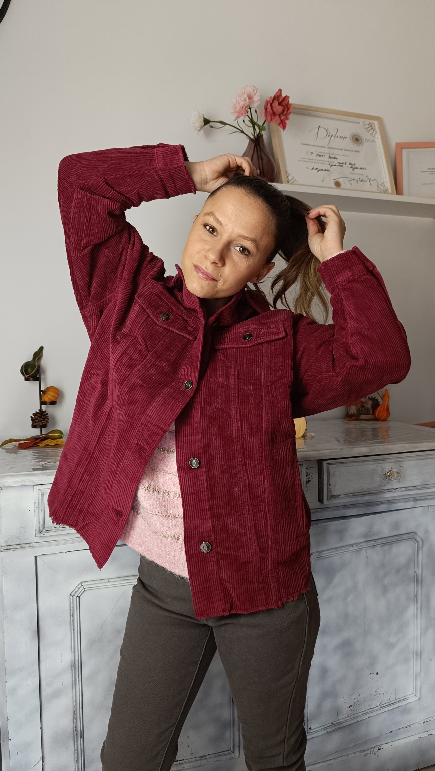 Veste chemise 2 en 1 velours cotelé bordeaux