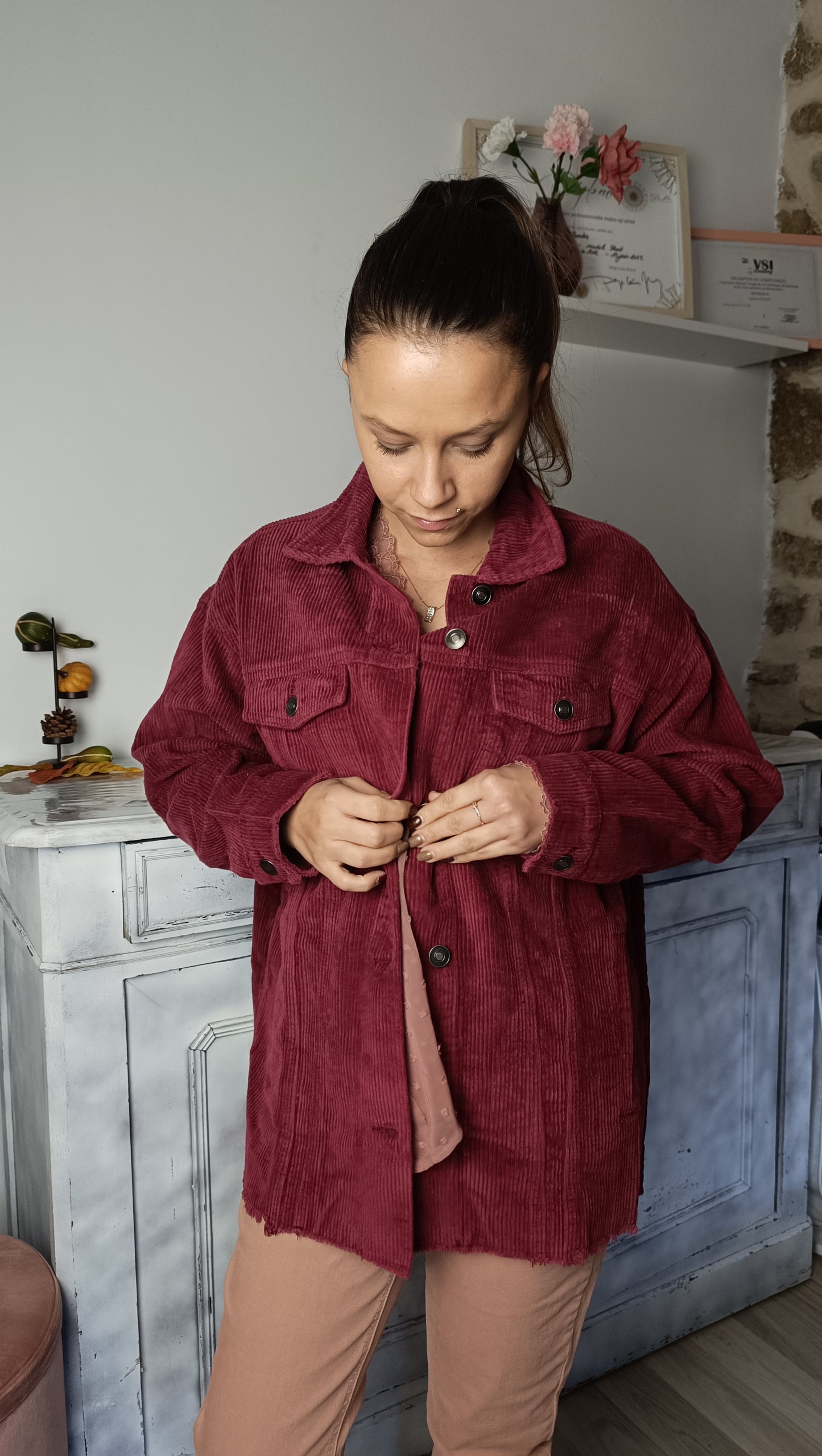 Veste chemise 2 en 1 velours cotelé bordeaux