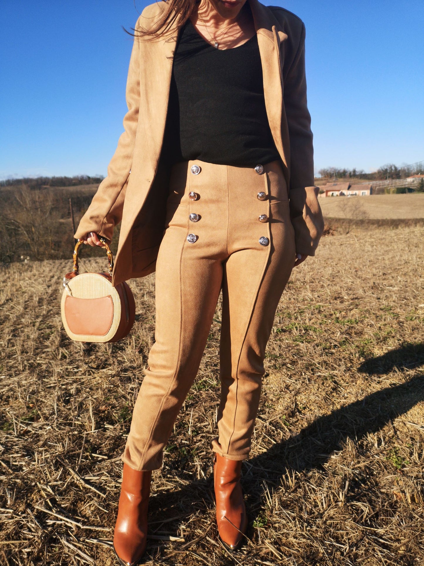 Pantalon taille haute suédine Camel