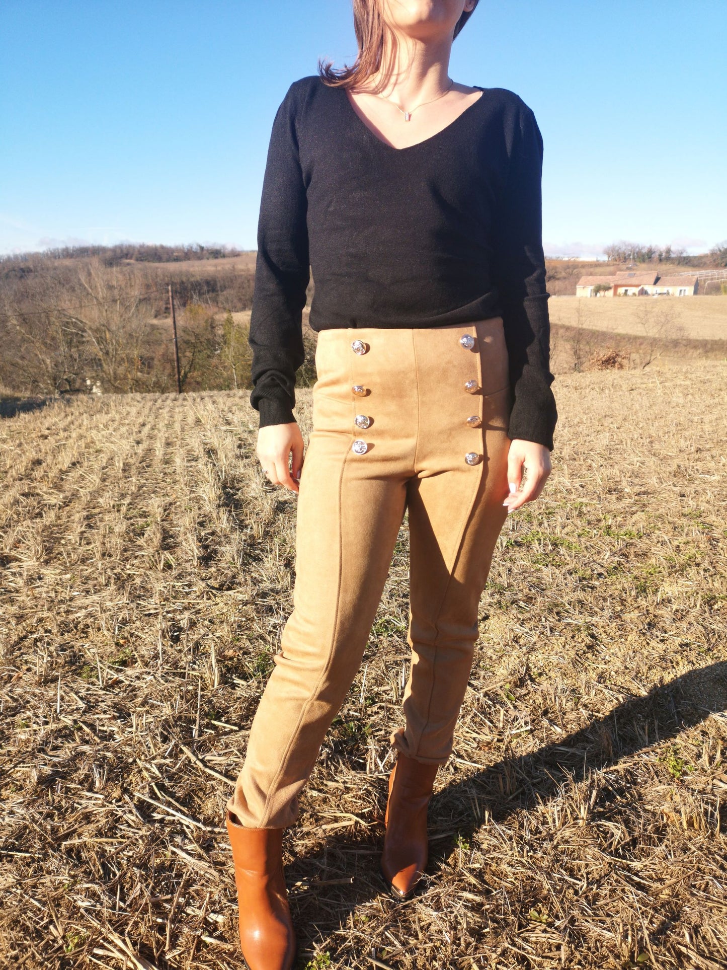 Pantalon taille haute suédine Camel